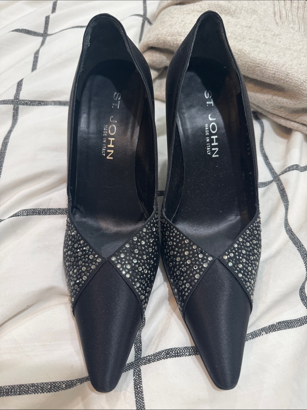 St. John Black Crystal-Trim Pointed Toe Pumps